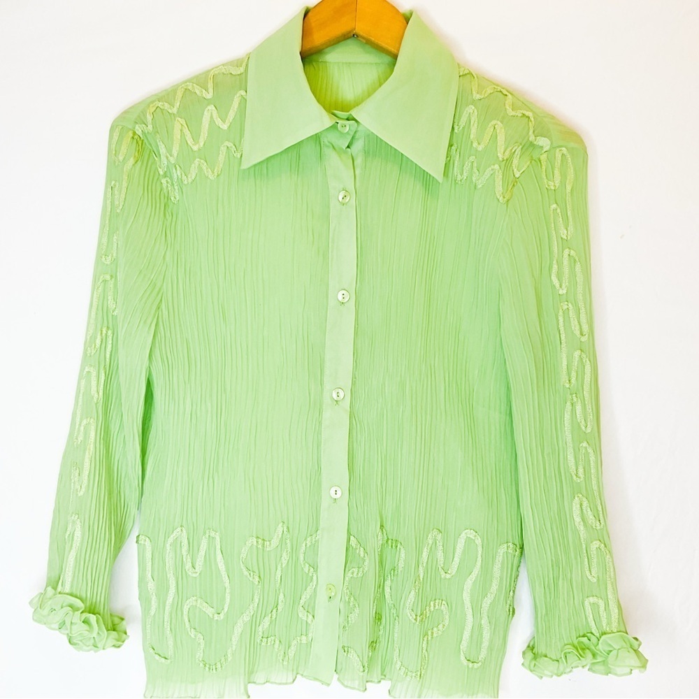 VINTAGE 90s Pastel Green Sheer Blouse Embroidered Collar Cuffs S/M Boho